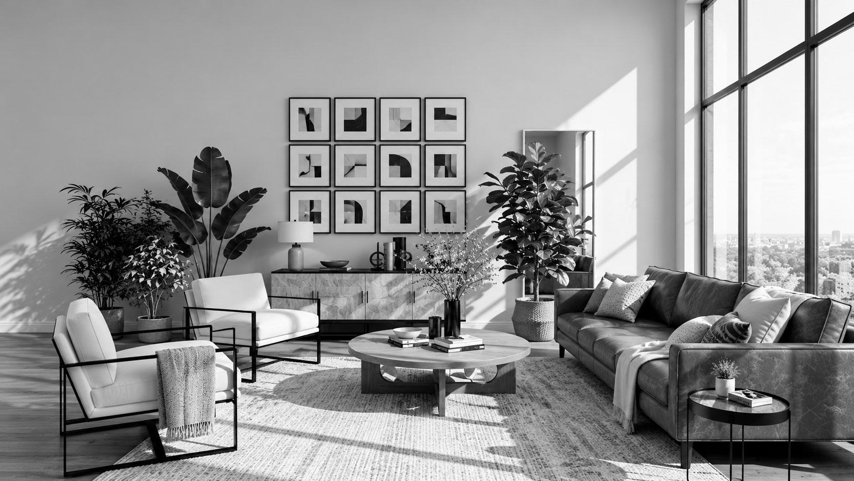 Imagen de ambientación generada con IA: salón amplio y luminoso con cuadros, plantas y grandes ventanales, en blanco y negro